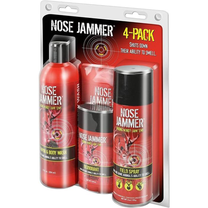 Nose Jammer Natural Hunting Scent Eliminator Deer Scent Blocker Best Value Combination 4-Pack Kit (Field Spray, Deodorant, Wipes, Shampoo/Body Wash)